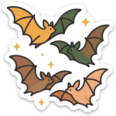 A group of flying bats in mid-air, illustrated in a stylized, artistic way using a warm, earthy color palette: golden orange (FA9B41), deep forest green (4A7C5C), muted taupe brown (96775A), and soft pastel peach (FFCC9A). The bats have sleek wings with subtle color gradients, and their bodies are small and streamlined, featuring elegant silhouettes. The sky around them has a magical, twilight glow with faint sparkles or mist, enhancing the enchanted atmosphere. The overall style is whimsical and soft, with a balance between natural and fantastical elements. sticker