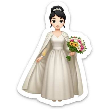 Chica blanca,cuerpo entero, vestido boda ,manga larga ,con estola, pelo negro,    ramo de flores una mano, pelo recogido en moño alto sticker