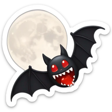 cartoonish black bat with sharp fang teeth dripping red slime in front of full moon sticker