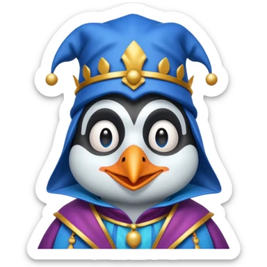 crazy colorful cute penguin jolly joker, medieval, vintage, court jester, mac os icon, blue color sticker