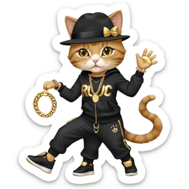 female cat dressed like Run DMC in tracksuit, fedora, Adidas shoes, lots of gold chains, rings, bracelets, earrings, dancing with a friend, no sunglasses sticker