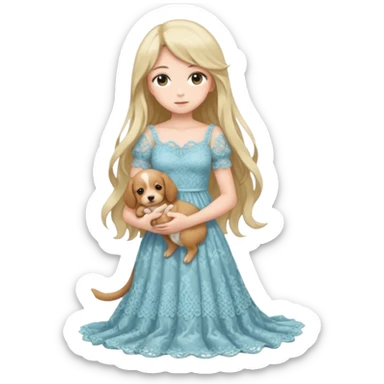 Pastel anime lady long hair with long lace dress full body holding puppy sticker