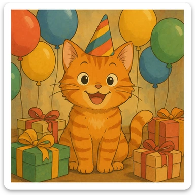 ginger tabby kitten wearing a birthday hat, surrounded by balloons and gifts, smiling, ghibli style birthday scene sticker