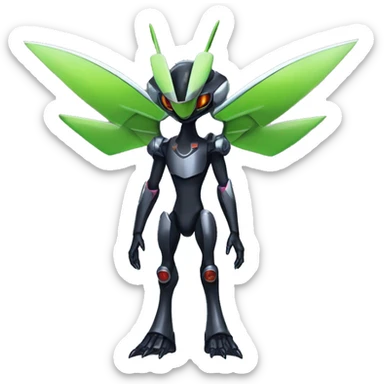 a shiny metallic black Genesect-Flygon-Raptor-Fakémon-Medabot-hybrid with a futuristic visor-helmet full body sticker
