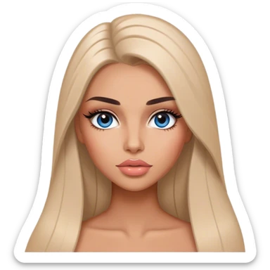 Glamours, tanned, very beautiful girl, with big pump peach-beige-rose lips, long long lashes, black straight smooth silky long hair, straight parting hair, blue-grey eyes sticker