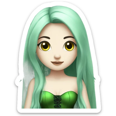 Fairy with long black hair pale skin deep green eyes green wings and green corset sticker