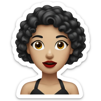 White girl, curly long black hair applying red lipstick sticker