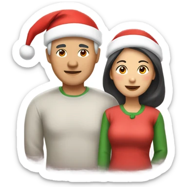 Middle-aged Asian couple with Santa hats sticker