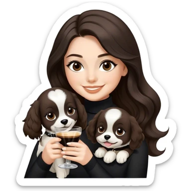 White Girl with winged liner. Hair long wavy like Lana del Rey. Hair dark brown. Eyes dark brown. Holding an espresso martini and a black & white little puppy. Wearing a black turtleneck. Looking happy and smiling.  sticker