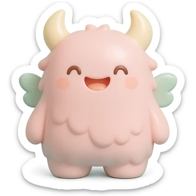 adorable monster with fluffy fur, tiny wings, happy expression, soft color palette sticker