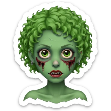 faça uma cabeça verde de zumbi femenina, com im cabelo curtinho cacheado, piercing no nariz, e brincos na orelha sticker