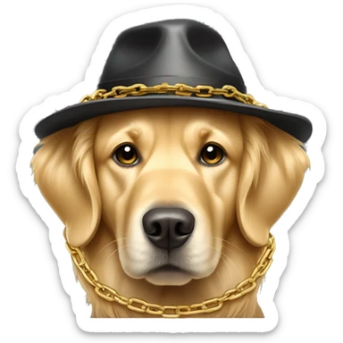 Golden retriever wearing chains and a hat that looks like a gangster sticker