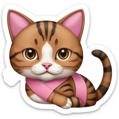 a  brown and black tabby cat, with a pink bandage on her front paw, sticker