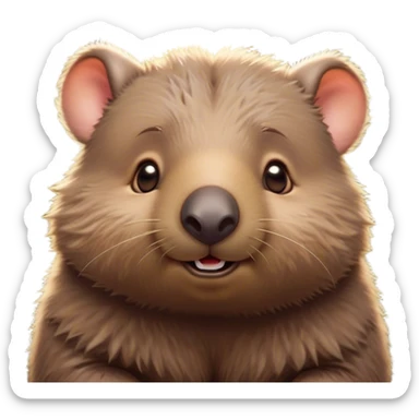 Cinematic Cute Wombat Portrait Emoji, Head tilted playfully and inquisitively, featuring a fluffy, shaggy brown fur with a round, endearing face and twinkling eyes full of gentle curiosity, Simplified yet irresistibly adorable features, highly detailed, glowing with a warm, friendly glow, high shine, affectionate and chubby, stylized with a touch of bushland whimsy, bright and endearing, soft glowing outline, capturing the essence of a mischievous yet loving wombat, so playful it feels like it could trundle out of the screen into your arms! sticker