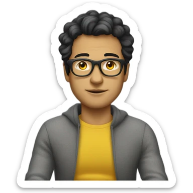 White man with yellow tinted glasses and black hair in a gray jumper and sitting on a chair sticker