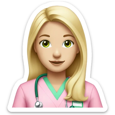 pale blonde girl with long hair and green eyes wearing pink scrubs and stethoscope  sticker