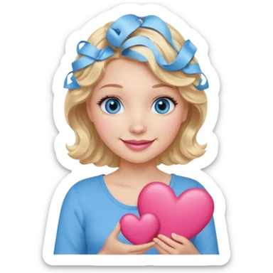 Girl Blonde short wavy hair,  blue eyes, cute blue top, long lashes, pink lips, smiling, holding a big heart sticker