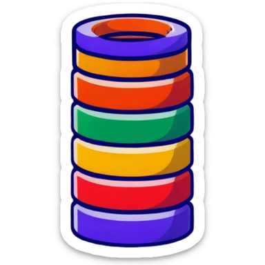 Children's stacking rings toy with red, orange, yellow, green, light blue, dark blue, and purple rings on a post in rainbow order sticker