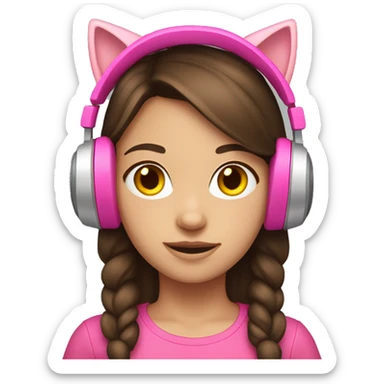 young brunette haired girl wearing pink cat headphones   sticker
