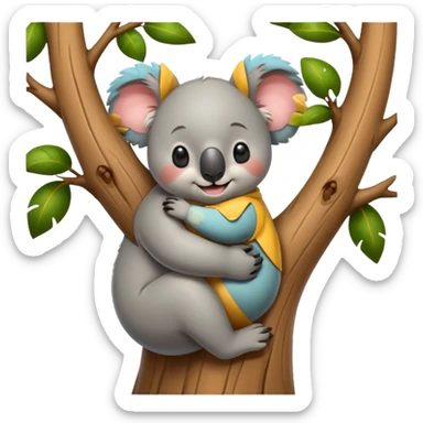 Koala and tree character hugging each other, add a face to the tree sticker
