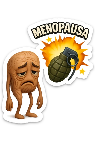 EMOJI STILE IPHONE 3D DI INTESTINO ANZIANO CON RUGHE SFINITO CON ESPRESSIONE STANCA, ACCANTO A LUI SCOPPIA UNA GRANATA 3D CON LA SCRITTA "MENOPAUSA" SOPRA sticker
