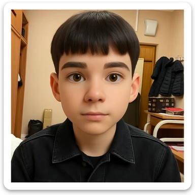 Make the face not fat, not sad, not smiling, wearing a black denim jacket in 3d-emoji style sticker