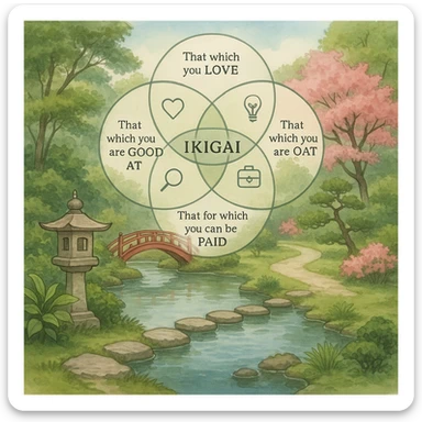 Ikigai illustrated as a tranquil Japanese garden scene, symbolizing balance and fulfillment, with subtle iconography for purpose and meaning sticker