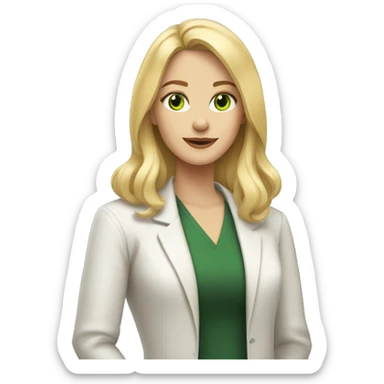 Woman with blonde shoulder length hair and green eyes holding a black Laborador  sticker