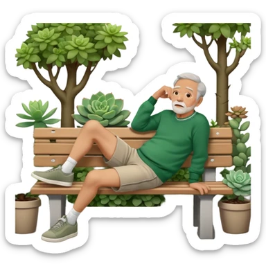 Old Man laying sideways on bench in green sweater, light brown shorts, and grey shoes with trees and succulents in background sticker