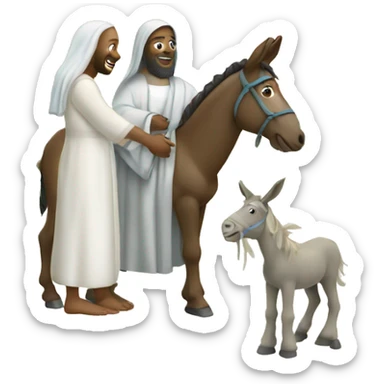 People greeting Jesus on a donkey with palm trees sticker