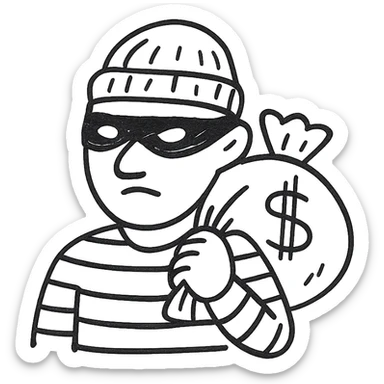 face portrait of a robber in black and white striped shirt, beanie, and mask, carrying a bag of money over shoulder, hand drawn black and white outlined style sticker