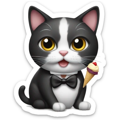 small cat with a tuxedo eating ice cream sticker