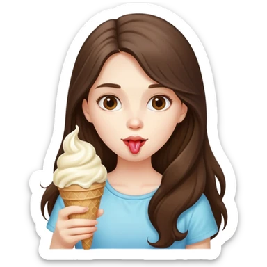 beautiful pale brunette girl with long hair eating an ice cream sticker