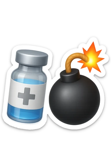 emoji stile iphone 3d di una fiala medica con una bomba vicino, fluttuano in aria insieme, FALLO MOLTO REALISTICO IN 3D sticker