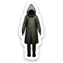 An icon representing a horror game, inspired by Silent Hill 2. The design features a foggy, eerie street with a shadowy figure in the distance. Creepy, dim lighting and dark, abandoned buildings set the tense atmosphere. Transparent background enhances the unsettling mood. sticker