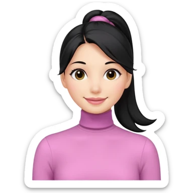 a woman with long sleeve turtle neck top and smile, her hair is long black one pony tail, her eyes color are black and the color of her lip is soft pink sticker