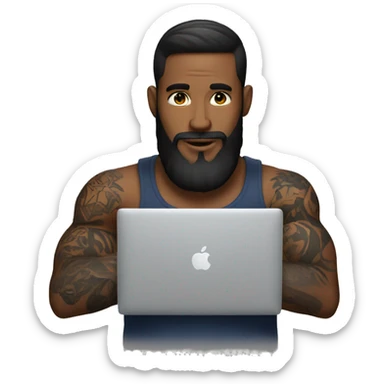 a man with a beard and tattoos on his arms works on a macbook sticker