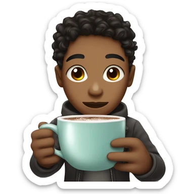 cure boy with curly black hair with a hot chocolate sticker