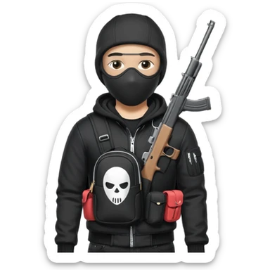 YN wearing a ski mask, holding a gun, all black fit, black jeans, Sprayground bookbag, confident stance sticker