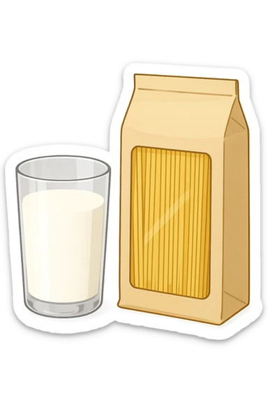 bicchiere di latte accanto a pacco di pasta sticker
