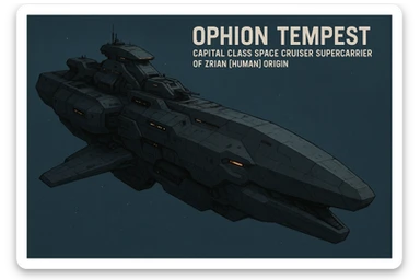 capital class space cruiser supercarrier of Zrian [human] origins, named the "Ophion Tempest"
The ship has a blocky military, yet sleek and angular design, mimicking a prehistoric sea-mammal or Cetacea  sticker