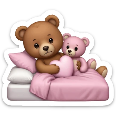 Brown teddy bear laying with a light pink teddy bear in bed sticker