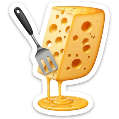 a half vertical  wheel of cheese being scraped with a metal spatula, melted cheese flowing, warm golden colors, modern emoji style, clean outlines, transparent background sticker