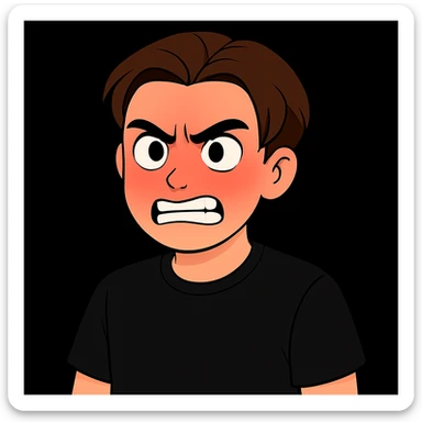 Edit the image of the boy to show him angry with a slightly reddened face, wearing a black shirt. Keep the face and style as in the original image. sticker