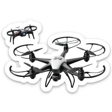 An icon showing a racing quadcopter drone in the foreground, flying at high speed through a course filled with obstacles and checkpoints. Other drones zoom in the background over a dynamic landscape. Transparent background highlights the thrill and precision of drone racing. sticker