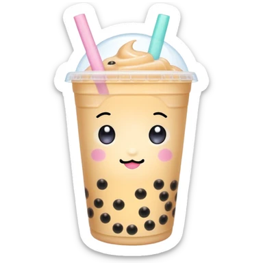 cute bubble tea character with sparkly eyes, glossy effect, pastel palette, bold outline, transparent background, kawaii aesthetic sticker