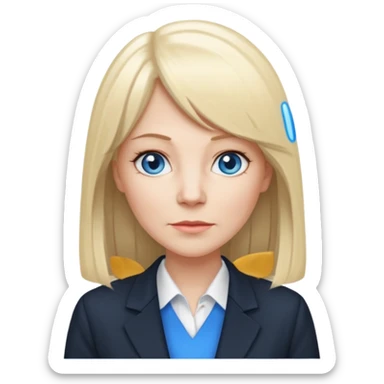 450 yr old white woman, pale skin, long straight blond hair parted in center, blue eyes, bangs, clothes for office sticker