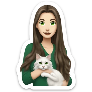 White brunette long hair woman with green eyes holding a Maine coon cat ￼ sticker
