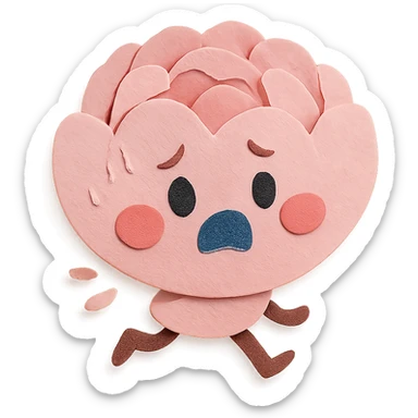 round chibi pastel pink peony flower with blushing cheeks and a panicked expression, rushing with tiny legs, paper craft style sticker