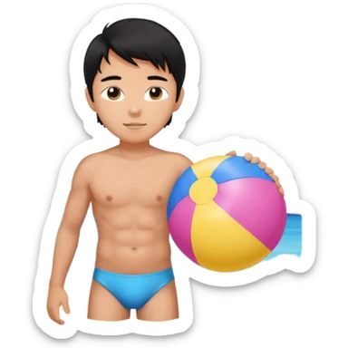 Hawaiian boy with black hair with pink highlights and a swimsuit, with beach ball sticker